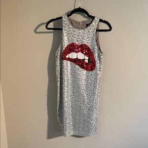 Aidan by Aidan Mattox Silver Sequin Mini Dress with Red Lips